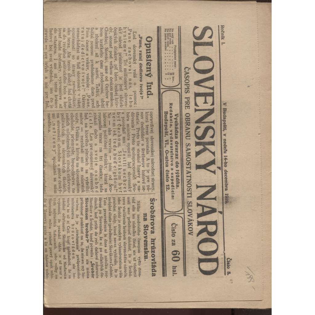 Slovenský národ (14.12.1919) - Časopis pre obranu samostatnosti Slovákov (1. republika, staré noviny) - text slovensky