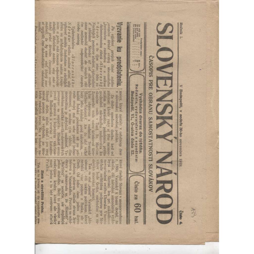 Slovenský národ (30.11.1919) - Časopis pre obranu samostatnosti Slovákov (1. republika, staré noviny) - text slovensky