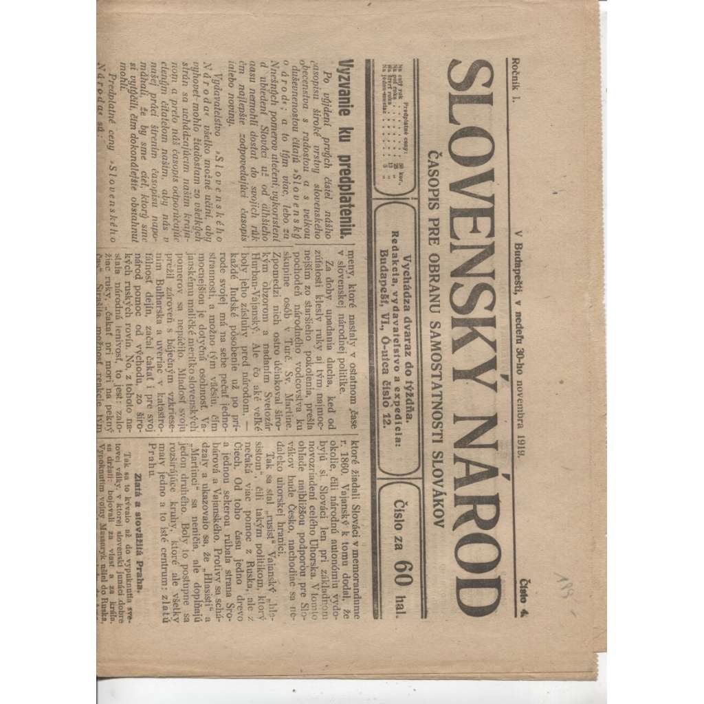 Slovenský národ (30.11.1919) - Časopis pre obranu samostatnosti Slovákov (1. republika, staré noviny) - text slovensky