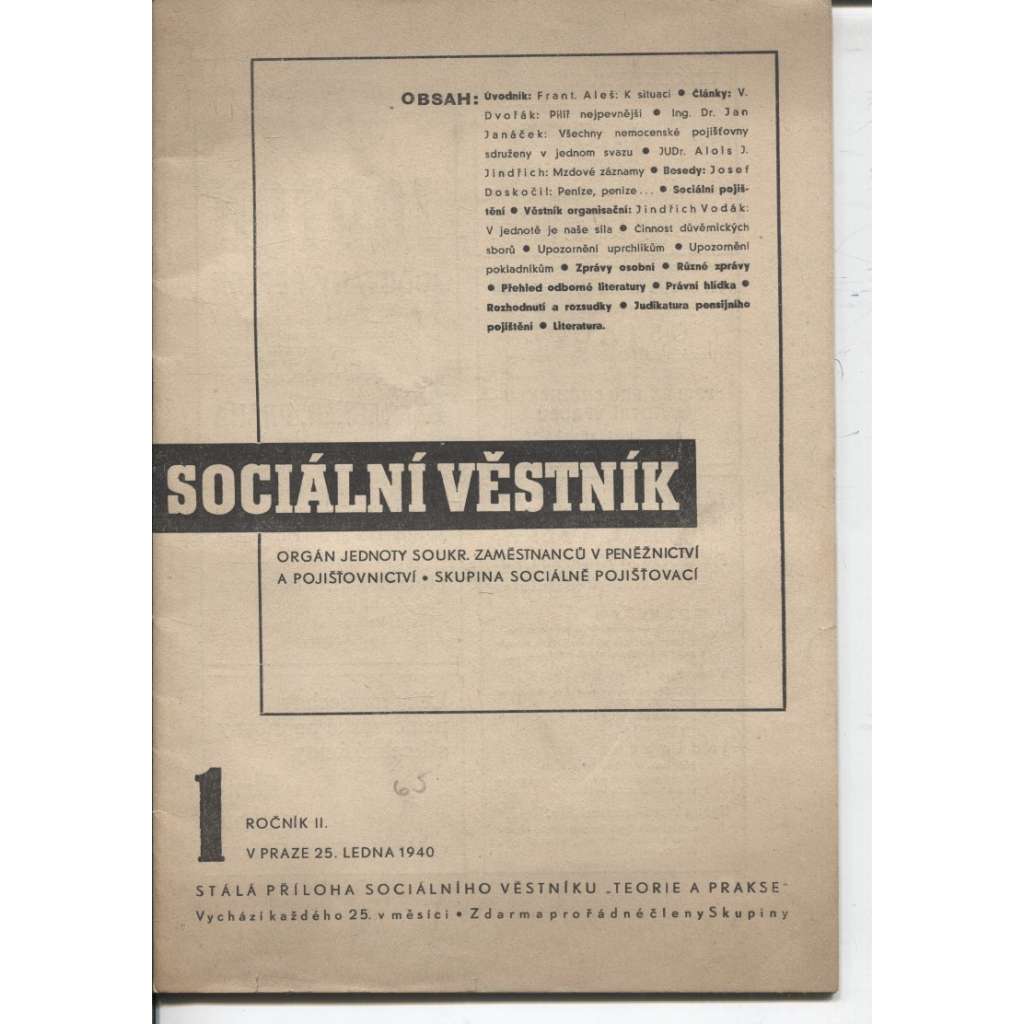 Sociální věstník, ročník II., číslo 1/1940 (levicová literatura, protektorát)