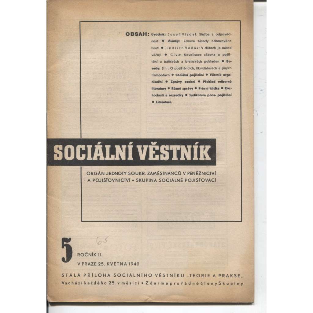 Sociální věstník, ročník II., číslo 5/1940 (levicová literatura, protektorát)