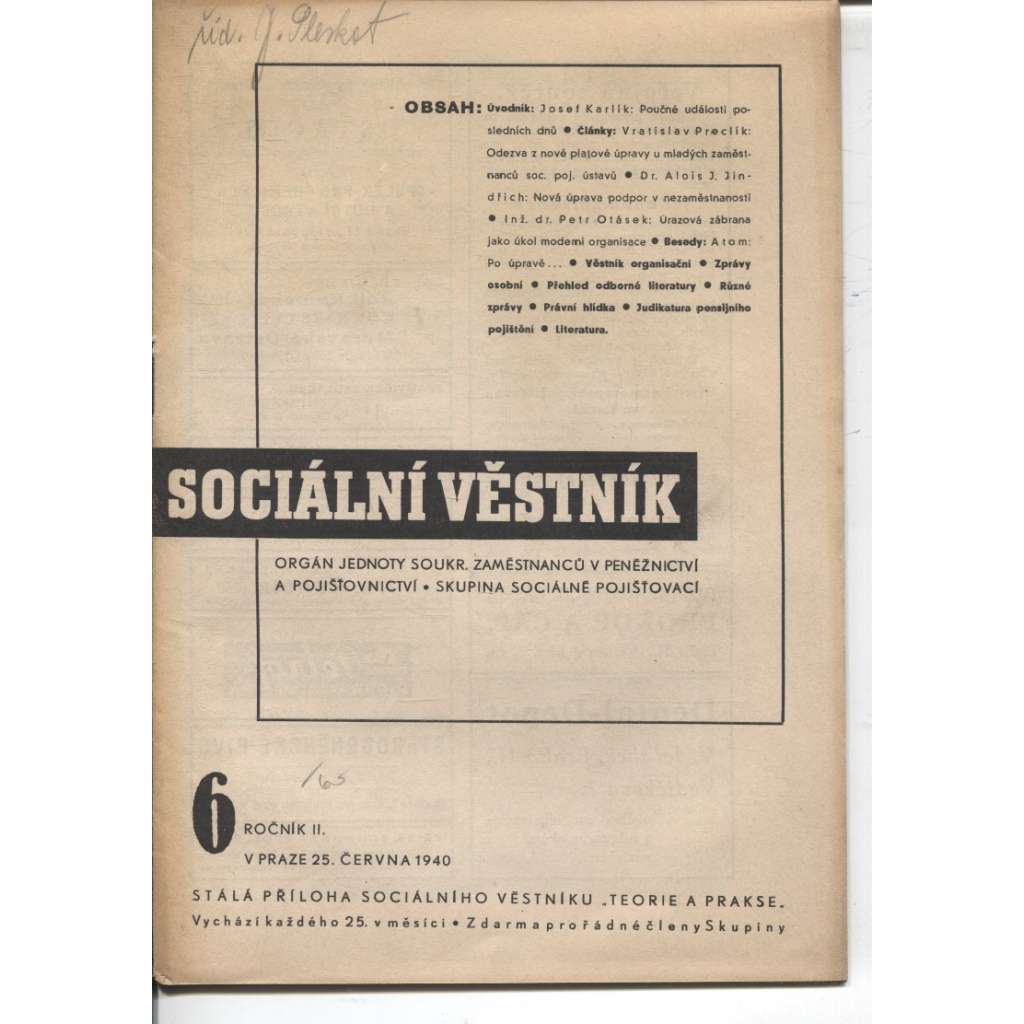 Sociální věstník, ročník II., číslo 6/1940 (levicová literatura, protektorát)