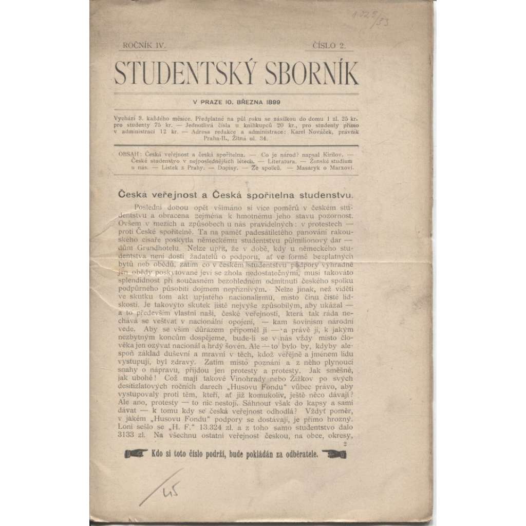 Studentský sborník, ročník IV./1899, číslo 2 (časopis)