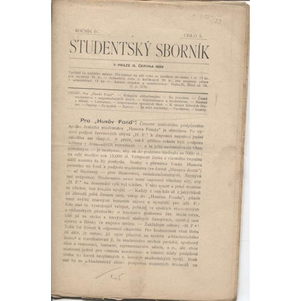 Studentský sborník, ročník IV./1899, číslo 5 (časopis)