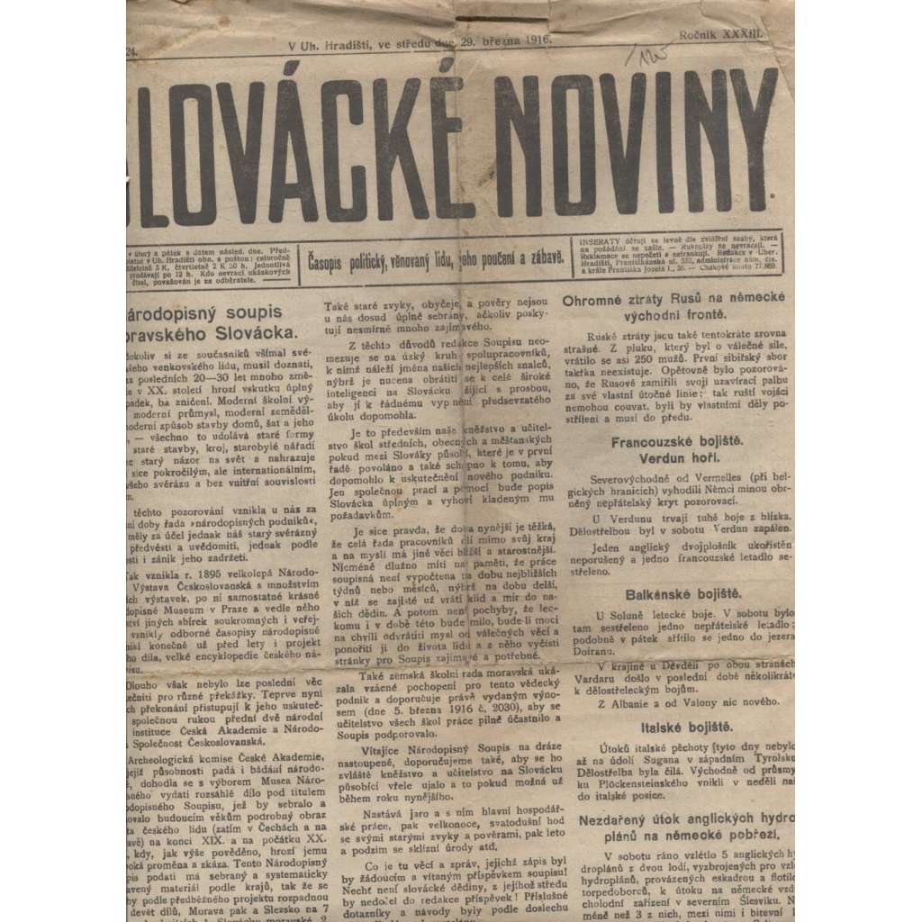 Slovácké noviny (29.3.1916) - staré noviny