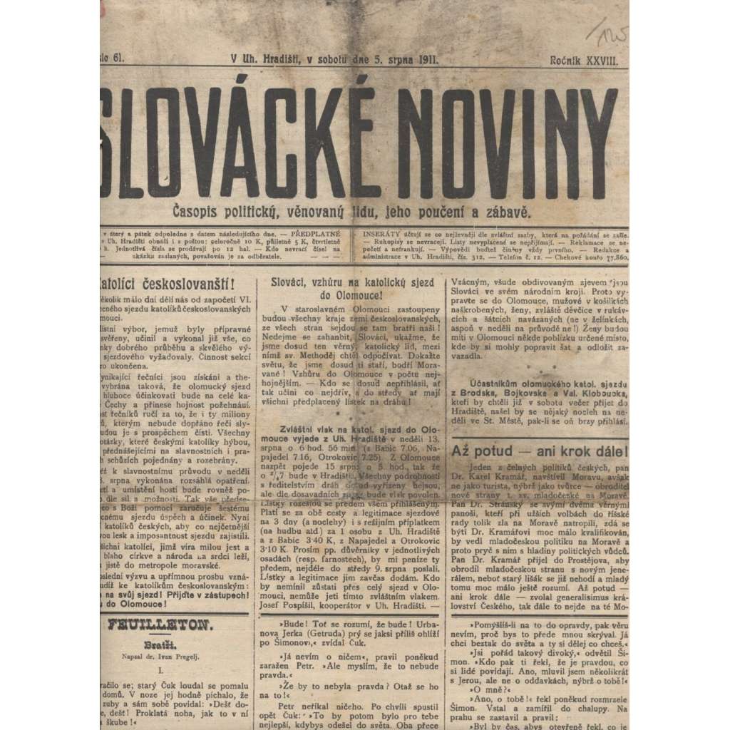 Slovácké noviny (5.8.1911) - staré noviny