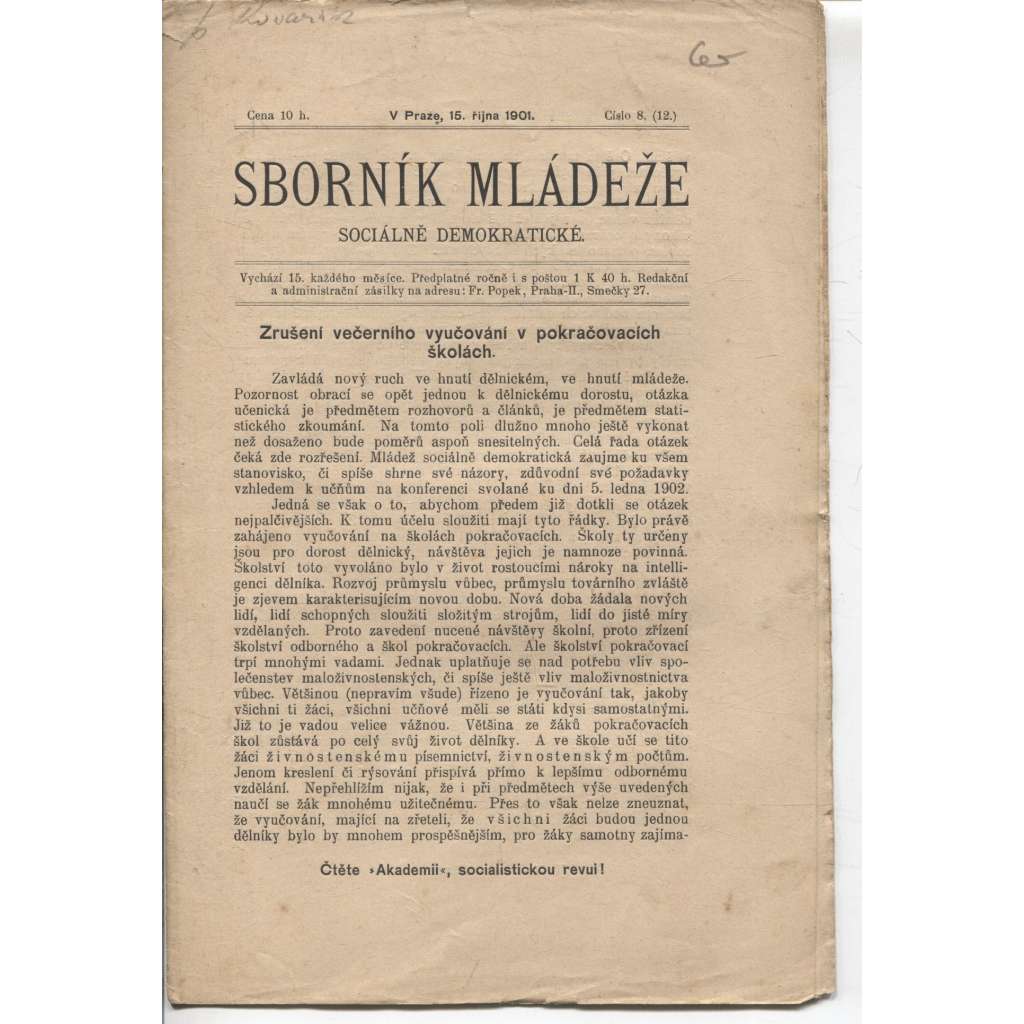 Sborník mládeže sociálně demokratické (15.10.1901) - časopis, levicová literatura