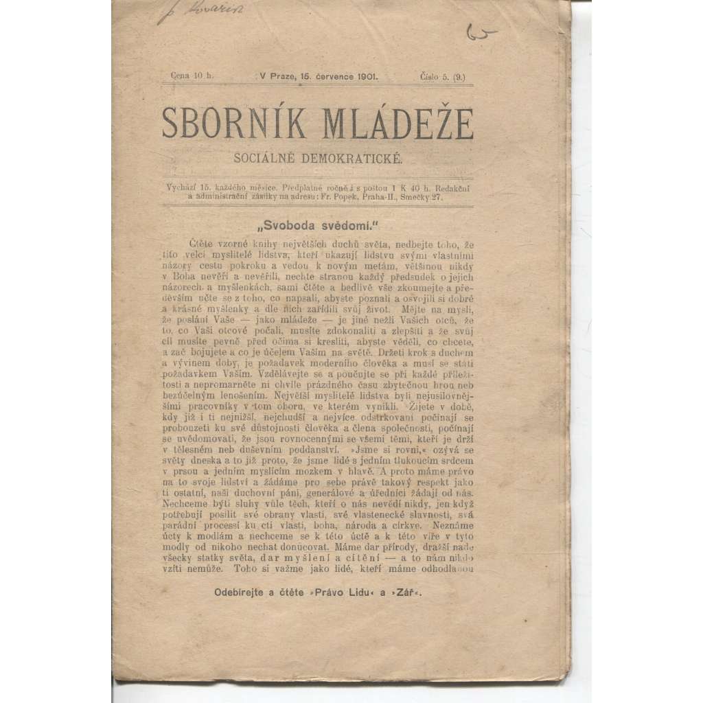 Sborník mládeže sociálně demokratické (15.7.1901) - časopis, levicová literatura