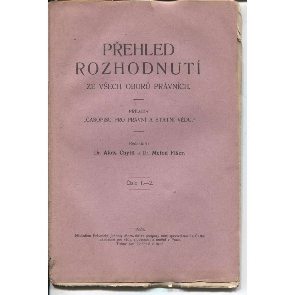 Přehled rozhodnutí ze všech oborů právních, ročník IV., číslo 1-2/1924 (právo)