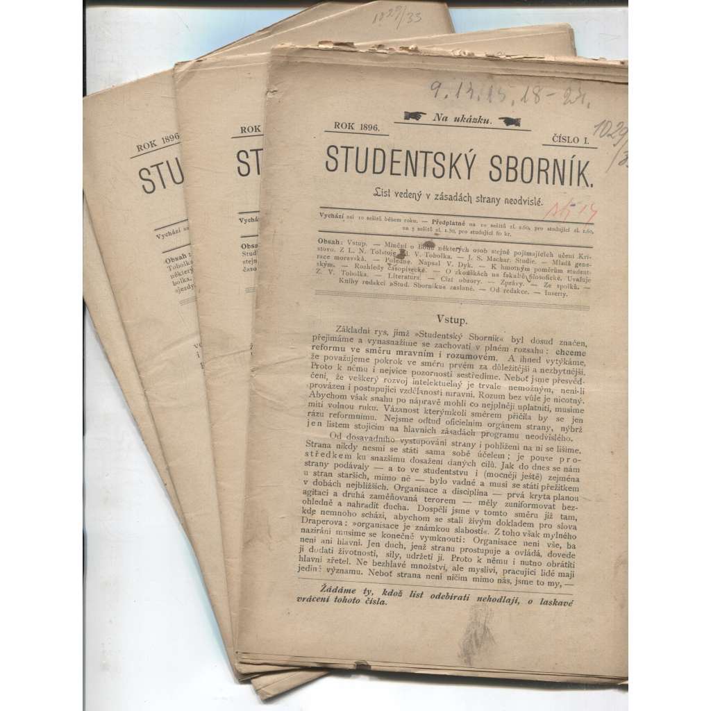 Studentský sborník, ročník I./1896-1897, číslo 1-5 (Studentský časopis)