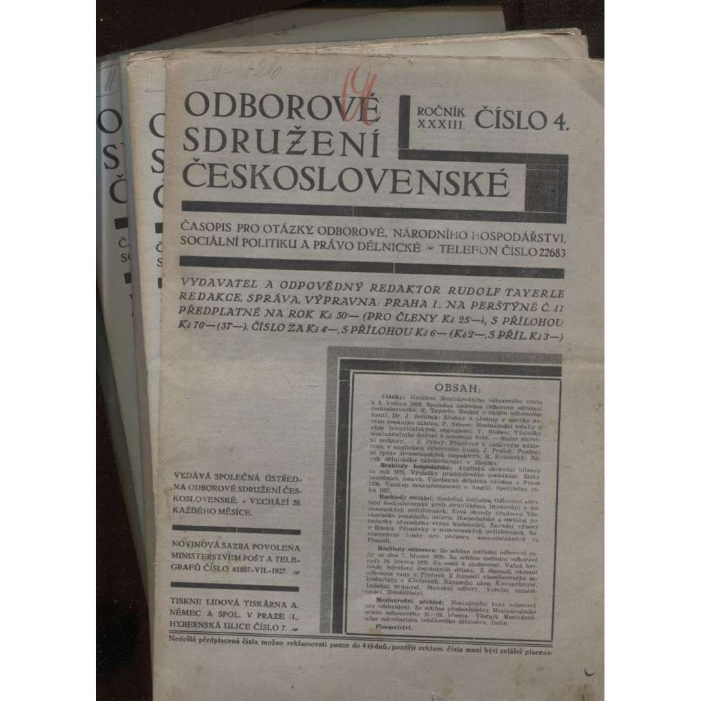 Odborové sdružení československé, ročník XXXIII./1929, číslo 4-12 [Časopis pro otázky odborové, národního hospodářství, sociální politiku a právo dělnické] - odbory