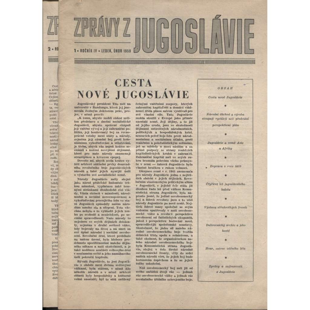 Zprávy z Jugoslávie, ročník IV, číslo 1-5/1959 (časopis, staré noviny)