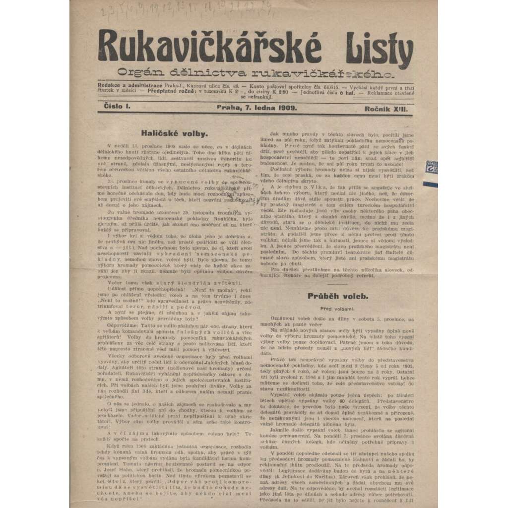 Rukavičkářské listy, ročník XIII., číslo 1, 4, 7, 8, 10, 14, 16, 17, 20 a 23/1909 (Orgán dělnictva rukavičkářského) - staré noviny