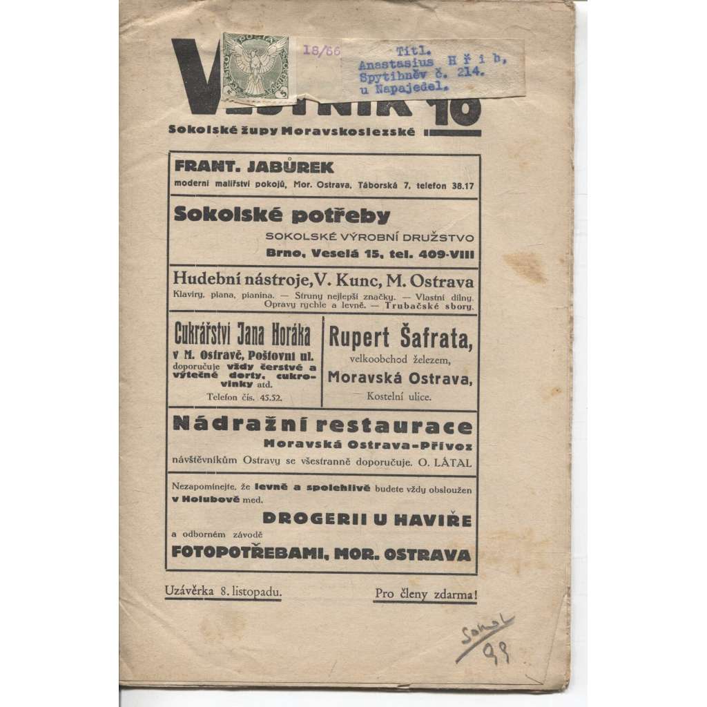 Věstník Sokolské župy Moravskoslezské, ročník XXIX, číslo 10/1932 (Sokol)