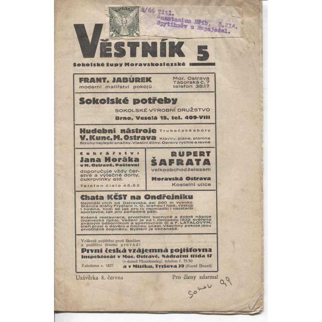 Věstník Sokolské župy Moravskoslezské, ročník XXX, číslo 5/1933 (Sokol)