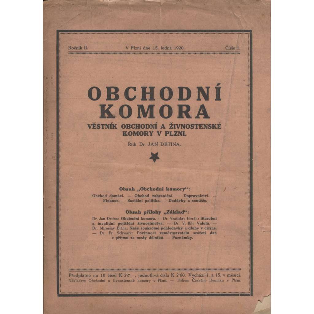 Obchodní komora, ročník II, číslo 1 a 2/1920. Věstník obchodní a živnostenské komory v Plzni (1. republika, staré noviny)