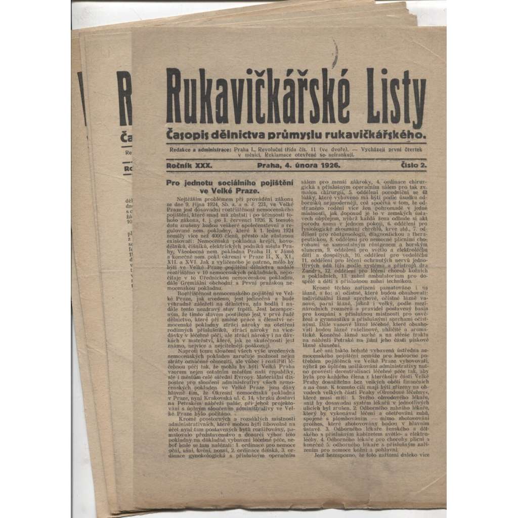 Rukavičkářské listy, ročník XXX, číslo 2-9/1926. Časopis dělnictva průmyslu rukavičkářského) - staré noviny (není kompletní)