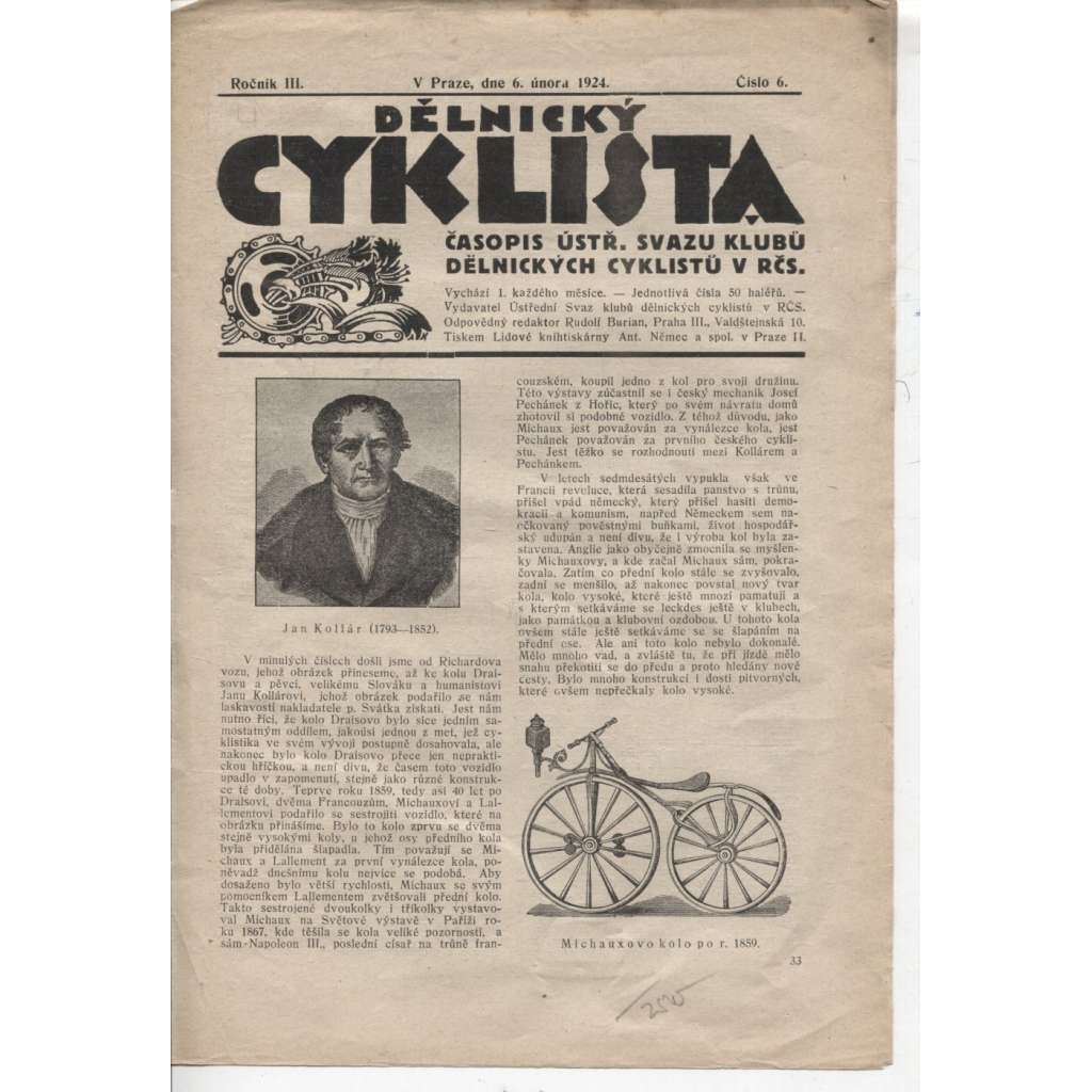 Dělnický cyklista (6.2.1924) - staré noviny, 1. republika