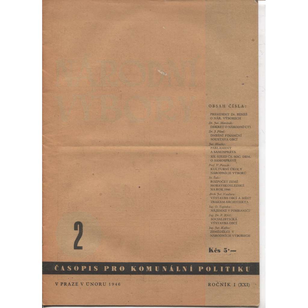 Národní výbory, ročník I.(XXI), číslo 2/1946. Časopis pro komunální politiku (levicová literatura)