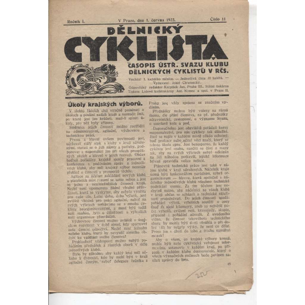 Dělnický cyklista (1.6.1923) - staré noviny, 1. republika