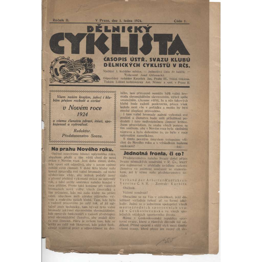 Dělnický cyklista (1.1.1924) - staré noviny, 1. republika