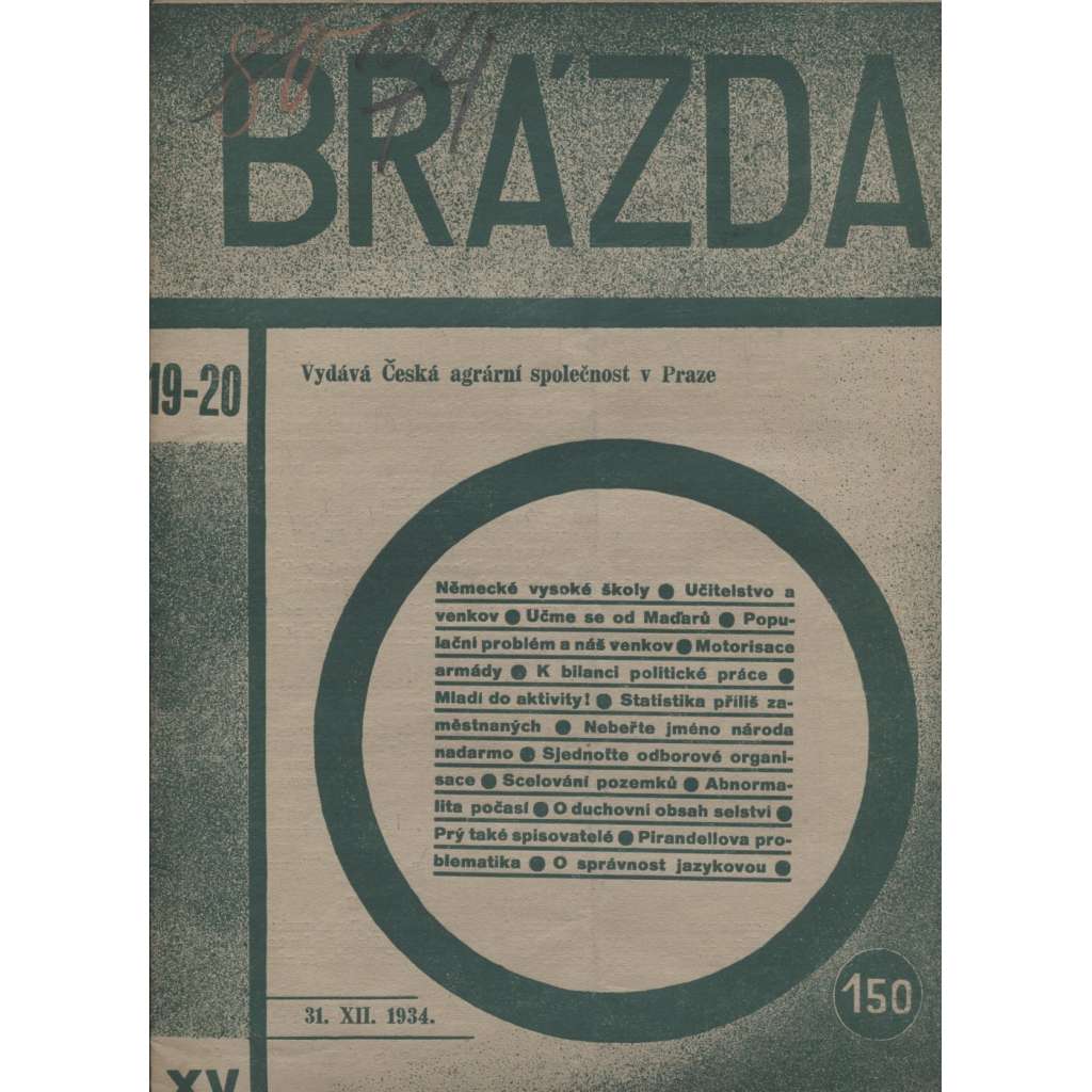 Brázda, ročník XV., číslo 19-20/1934 (staré noviny, 1. republika) Česká agrární společnost