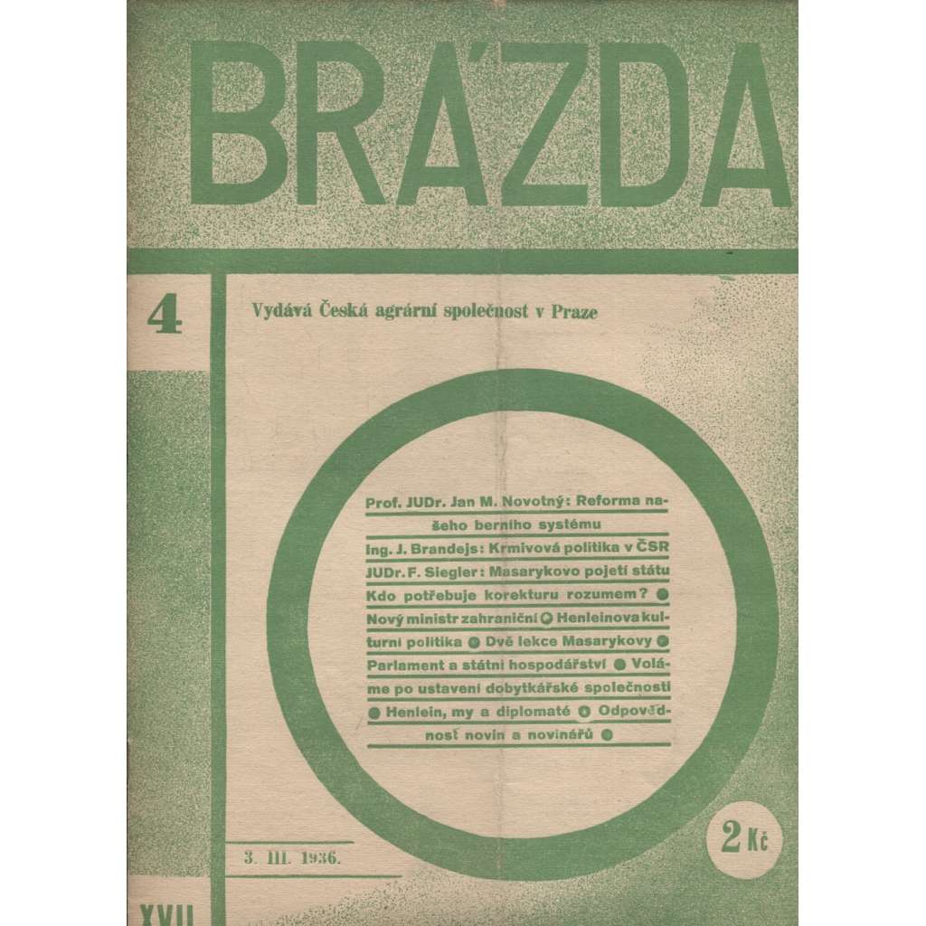 Brázda, ročník XVII., číslo 4/1936 (staré noviny, 1. republika) Česká agrární společnost