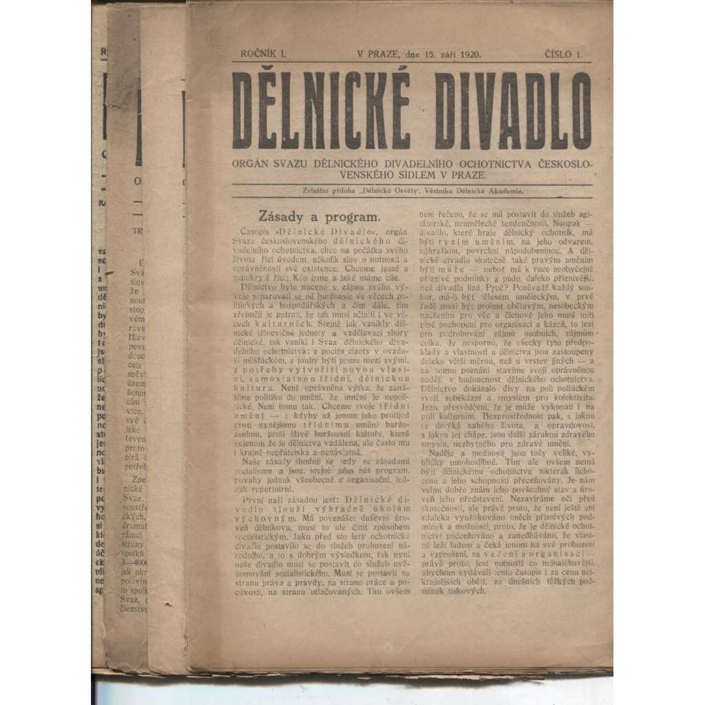 Dělnické divadlo, ročník I., číslo 1-6 a 8-10/1920 (chybí číslo 7)