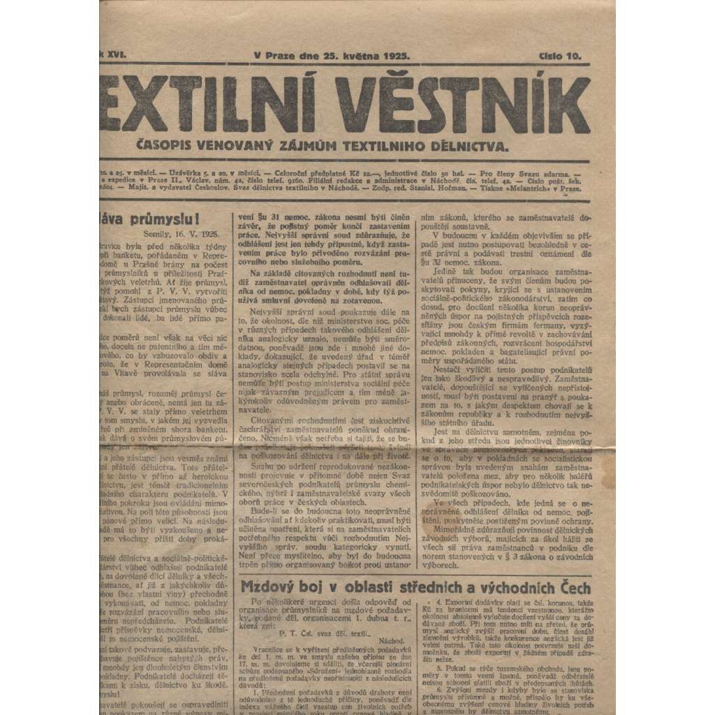 Textilní věstník [noviny z 25.5.1925; vydal Svaz dělnictva; Praha - Náchod]