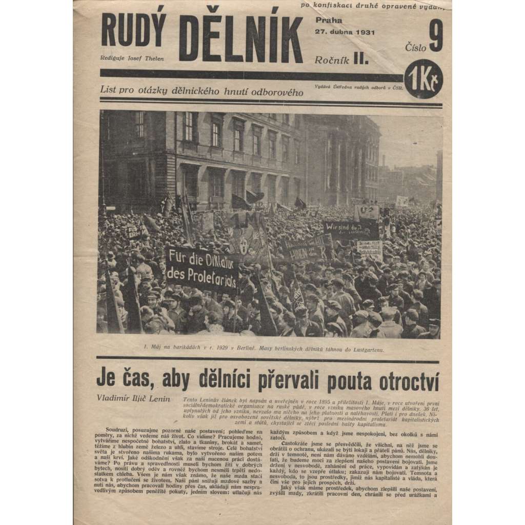 Rudý dělník, ročník II., číslo 9/1931. List pro otázky dělnického hnutí odborového (odbory, 1. republika, staré noviny)