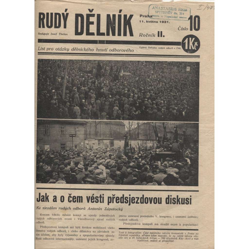 Rudý dělník, ročník II., číslo 10/1931. List pro otázky dělnického hnutí odborového (odbory, 1. republika, staré noviny)