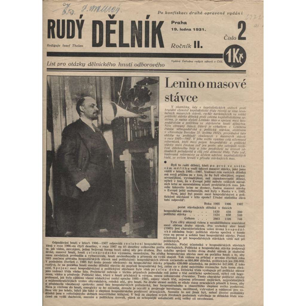 Rudý dělník, ročník II., číslo 2/1931. List pro otázky dělnického hnutí odborového (odbory, 1. republika, staré noviny)