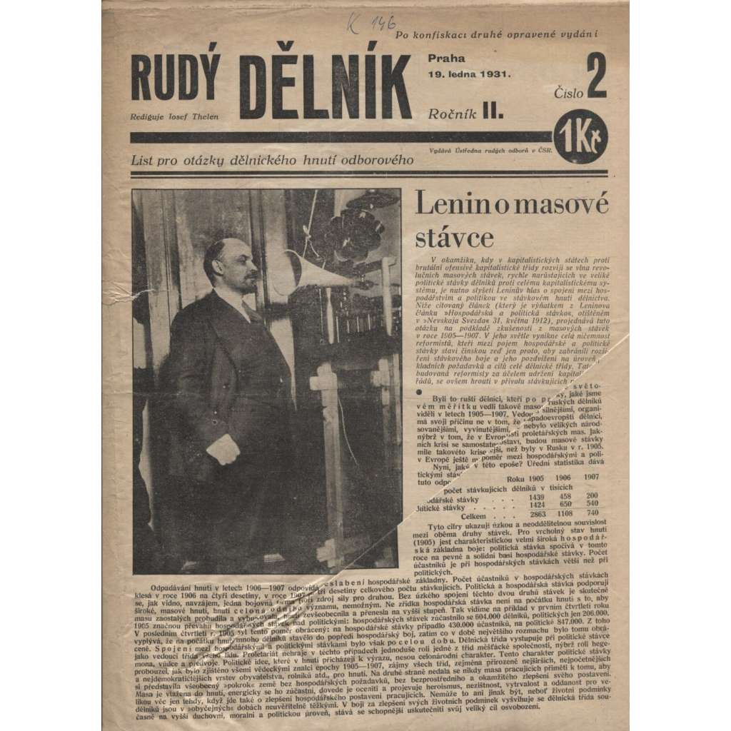 Rudý dělník, ročník II., číslo 2/1931. List pro otázky dělnického hnutí odborového (odbory, 1. republika, staré noviny)