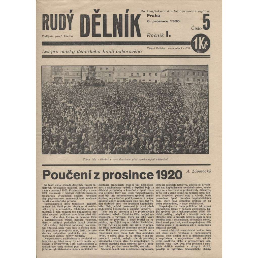 Rudý dělník, ročník I., číslo 5/1930. List pro otázky dělnického hnutí odborového (odbory, 1. republika, staré noviny)