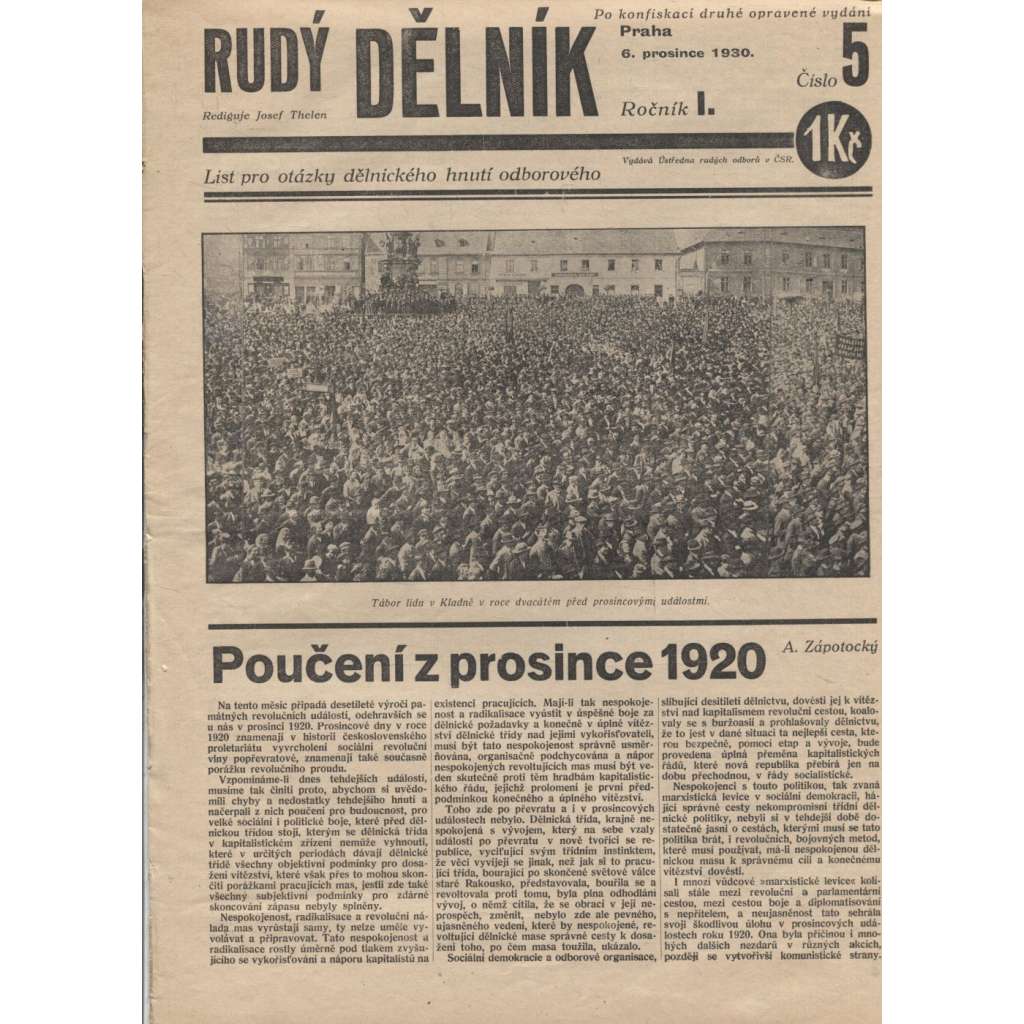 Rudý dělník, ročník I., číslo 5/1930. List pro otázky dělnického hnutí odborového (odbory, 1. republika, staré noviny)