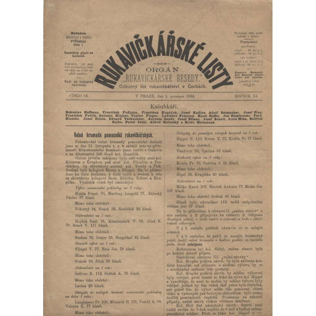 Rukavičkářské listy, ročník XI, číslo 12/1894, ročník XII, číslo 5/1895 a ročník XIII, číslo 4/1896. Orgán rukavičkářské besedy) - staré noviny, časopis (není kompletní)