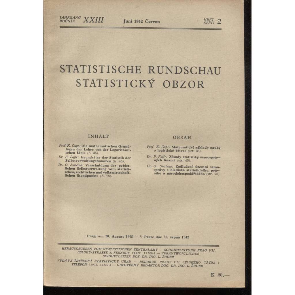 Statistický obzor, ročník XXIII., číslo 2/1942 / Statistische Rundschau (časopis, protektorát)