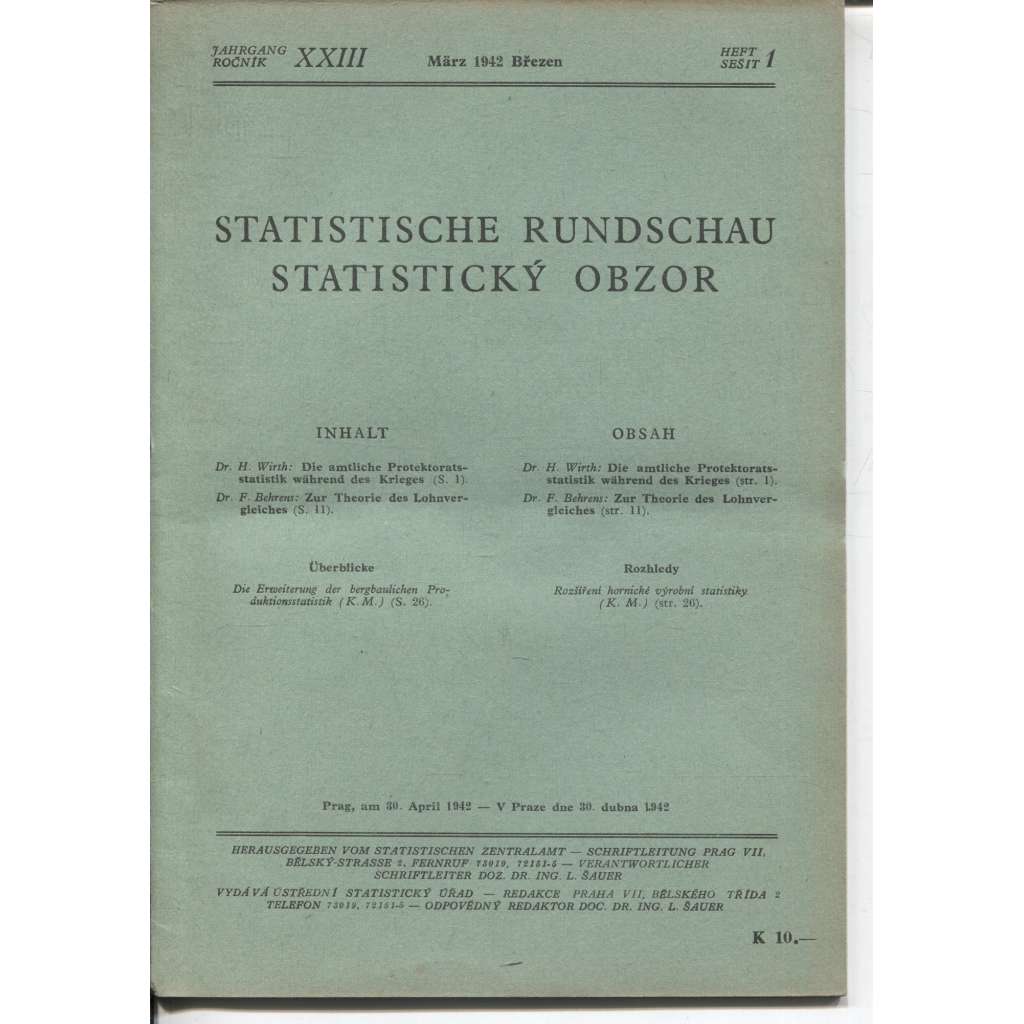 Statistický obzor, ročník XXIII., číslo 1/1942 / Statistische Rundschau (časopis, protektorát)