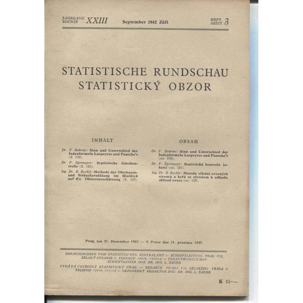 Statistický obzor, ročník XXIII., číslo 3/1942 / Statistische Rundschau (časopis, protektorát)