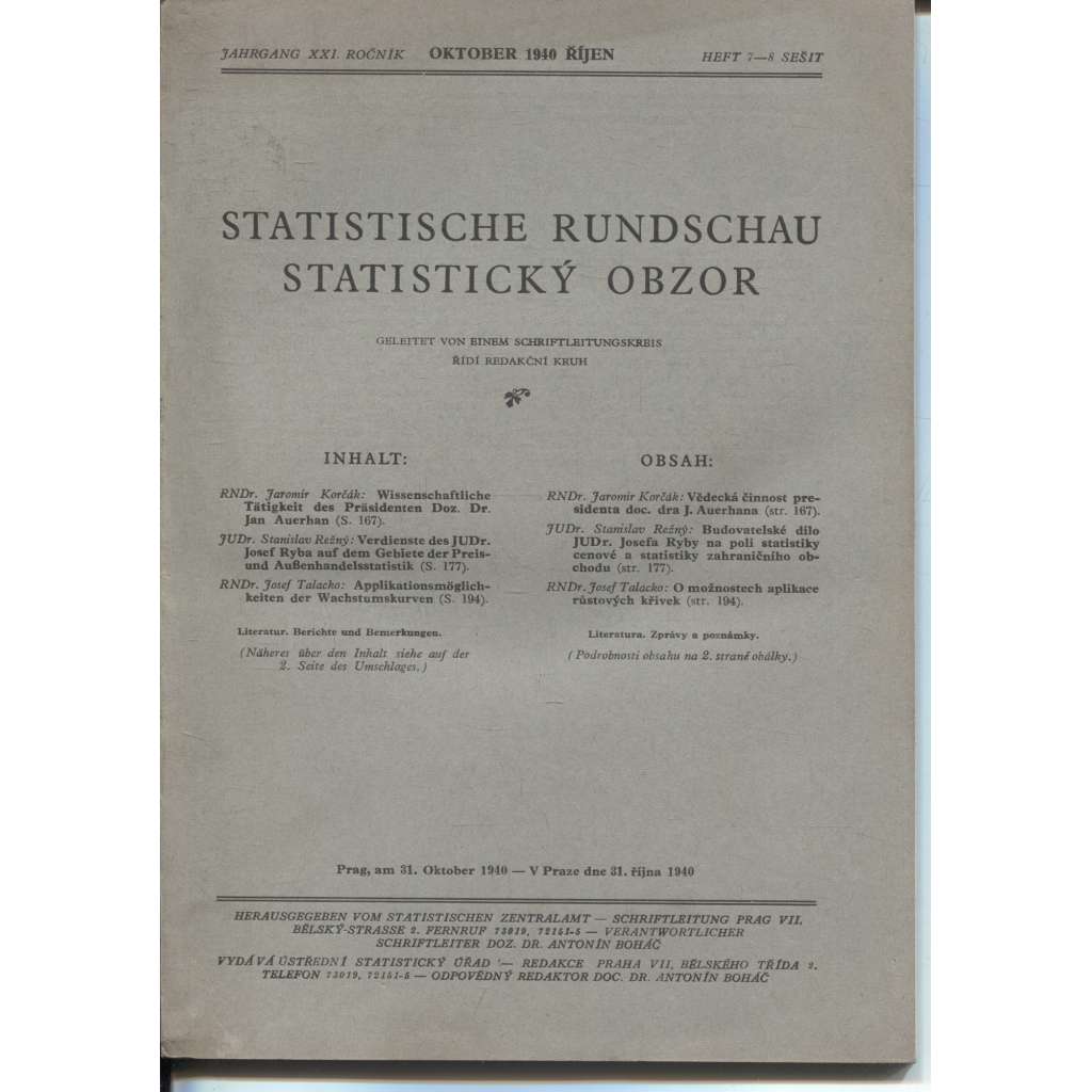 Statistický obzor, ročník XXI., číslo 7-8/1940 / Statistische Rundschau (časopis, protektorát)