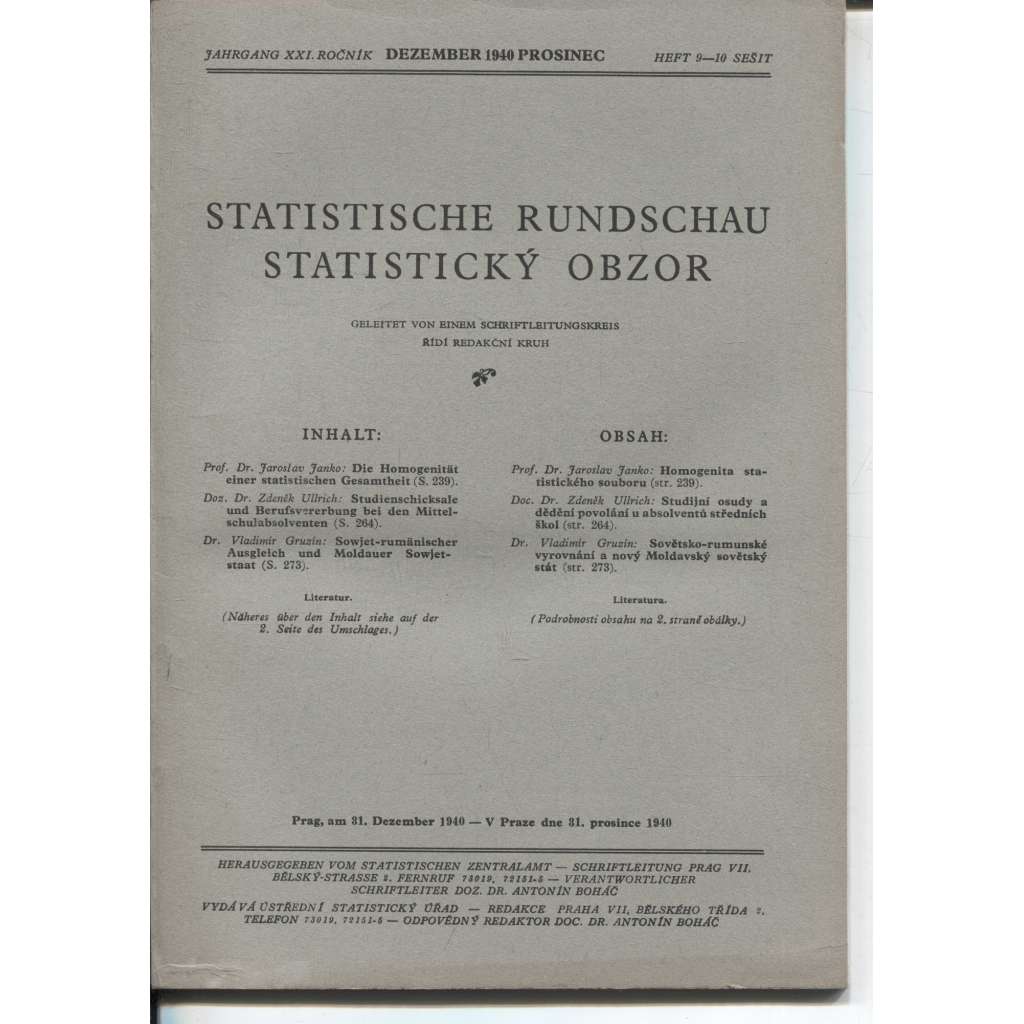 Statistický obzor, ročník XXI., číslo 9-10/1940 / Statistische Rundschau (časopis, protektorát)