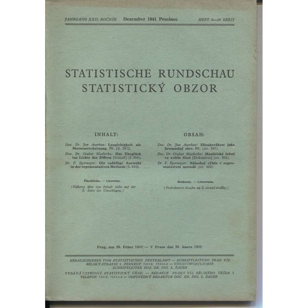 Statistický obzor, ročník XXII., číslo 9-10/1941 / Statistische Rundschau (časopis, protektorát)