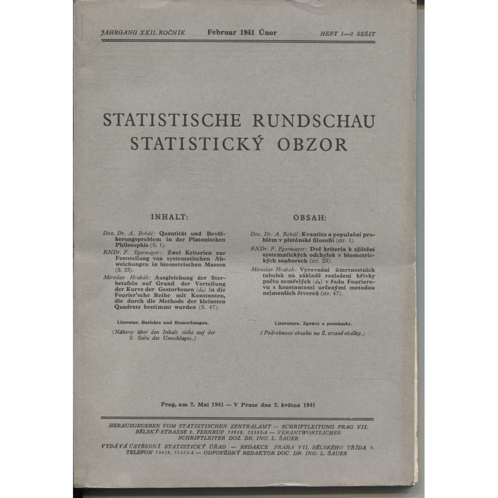 Statistický obzor, ročník XXII., číslo 1-2/1941 / Statistische Rundschau (časopis, protektorát)