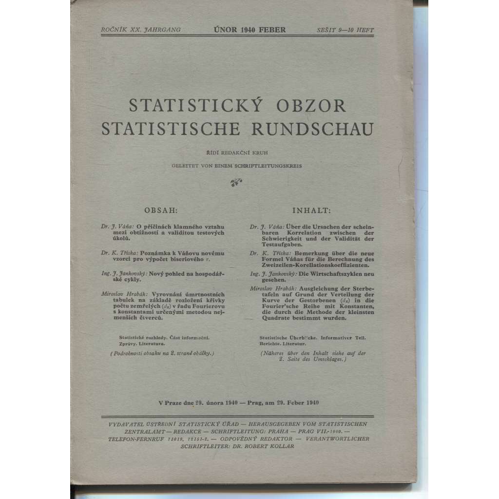 Statistický obzor, ročník XX., číslo 9-10/1940 / Statistische Rundschau (časopis, protektorát)