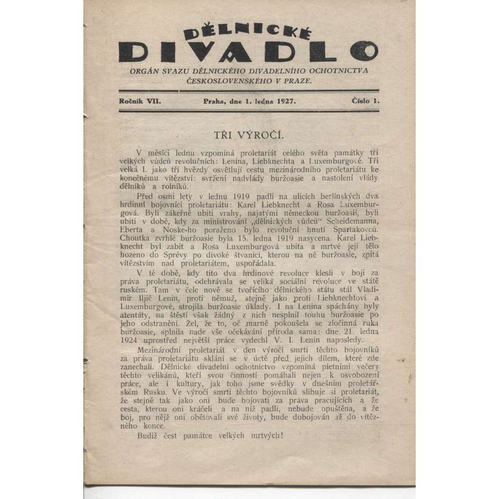 Dělnické divadlo, ročník VII., číslo 1/1927