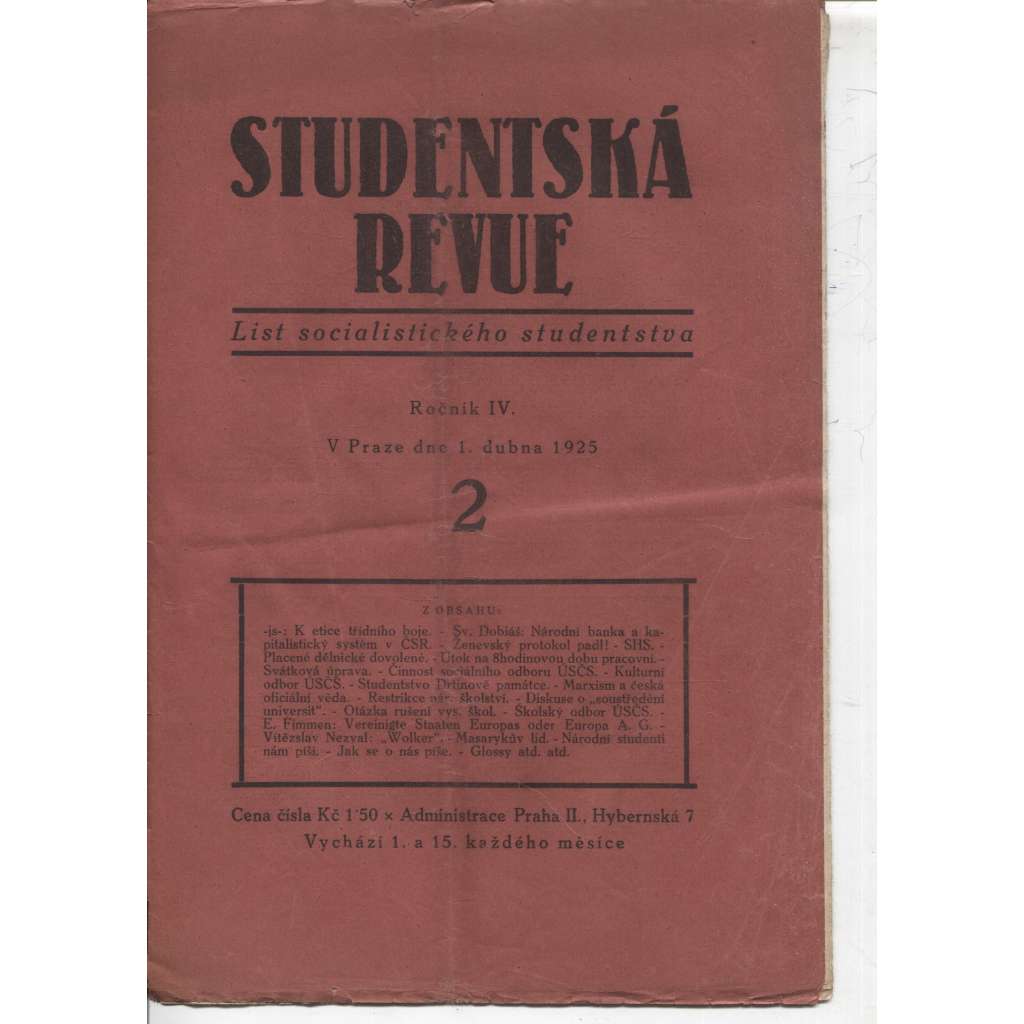 Studentská revue, ročník IV., číslo 2./1925 (List socialistického studenstva)