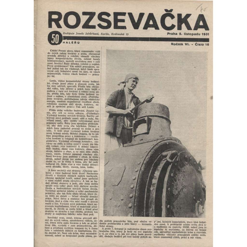 Rozsevačka, ročník VI., číslo 16/1931 (časopis, 1. republika, staré noviny)