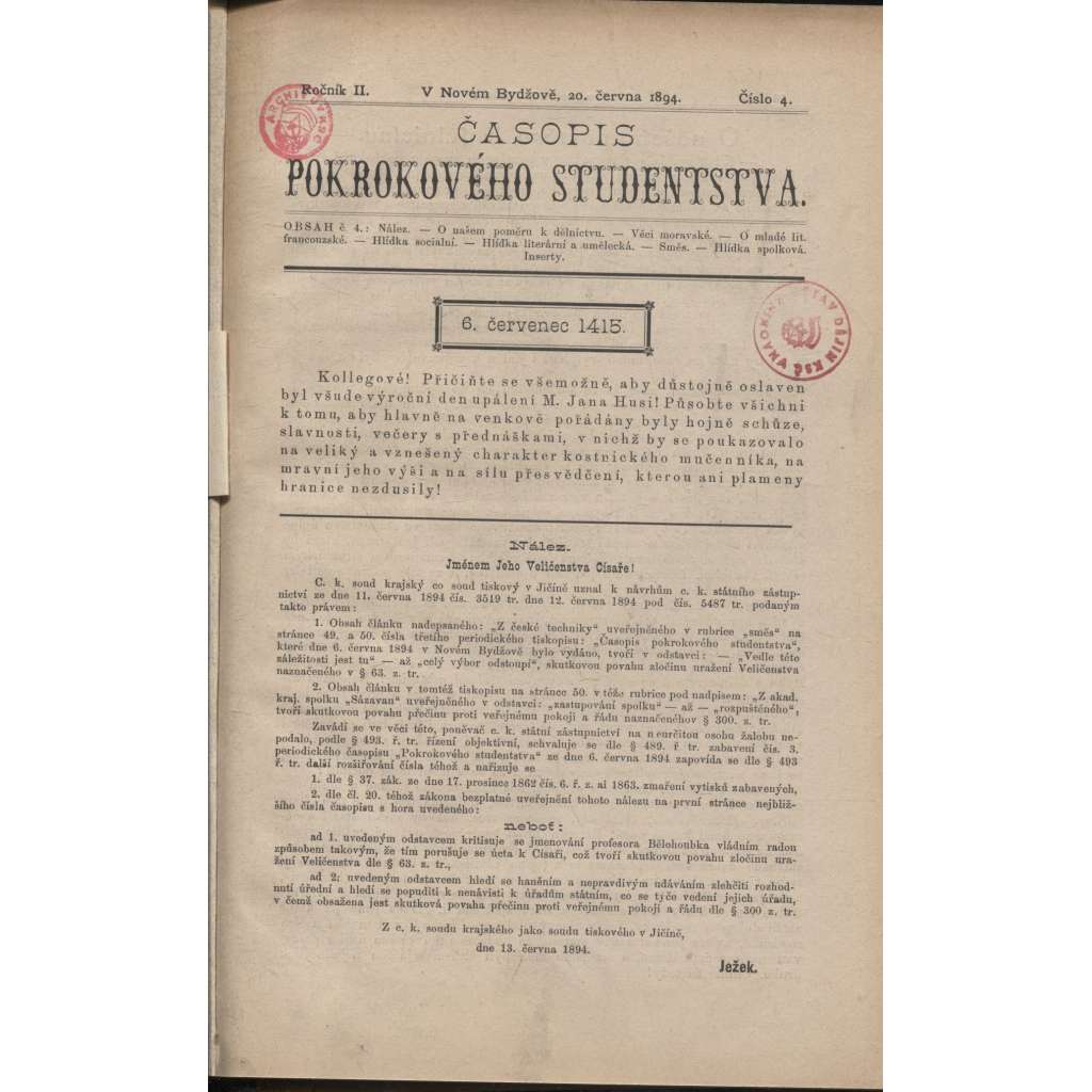 Časopis pokrokového studenstva, číslo 4-6 a 9/1894