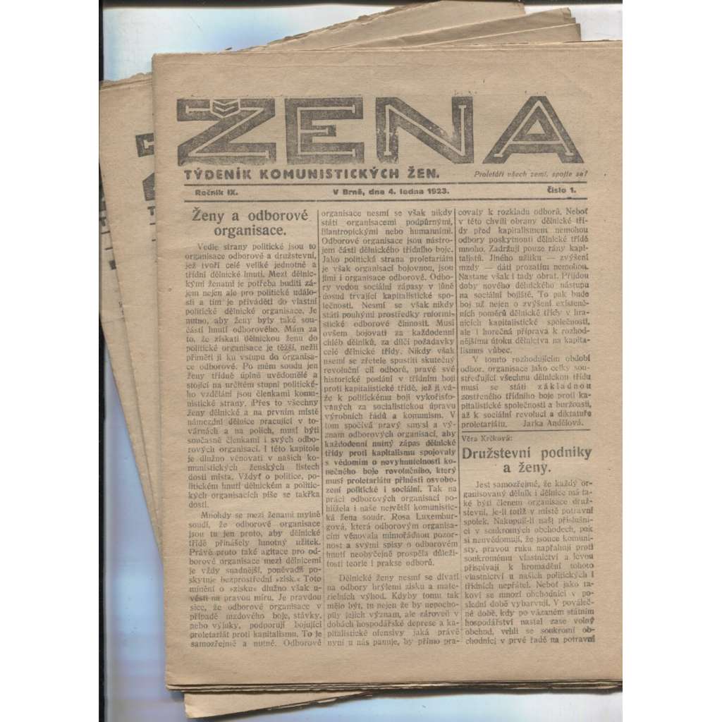 Žena, ročník IX., číslo 1-9/1923 (Časopis, staré noviny, 1. republika) Týdeník komunistickýc žen