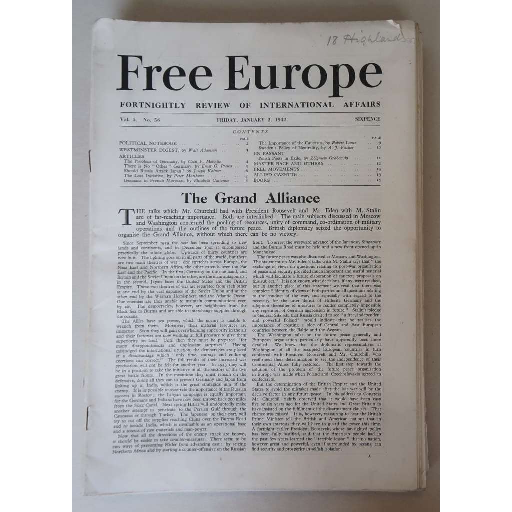 Free Europe. Fortnightly Review of International Affairs. Vol. 5 and 6, No. 56-81, January 2-December 18, 1942 [londýnský exil za 2. světové války, druhá světová válka, spojenecká politika, Spojenci, antifašismus]